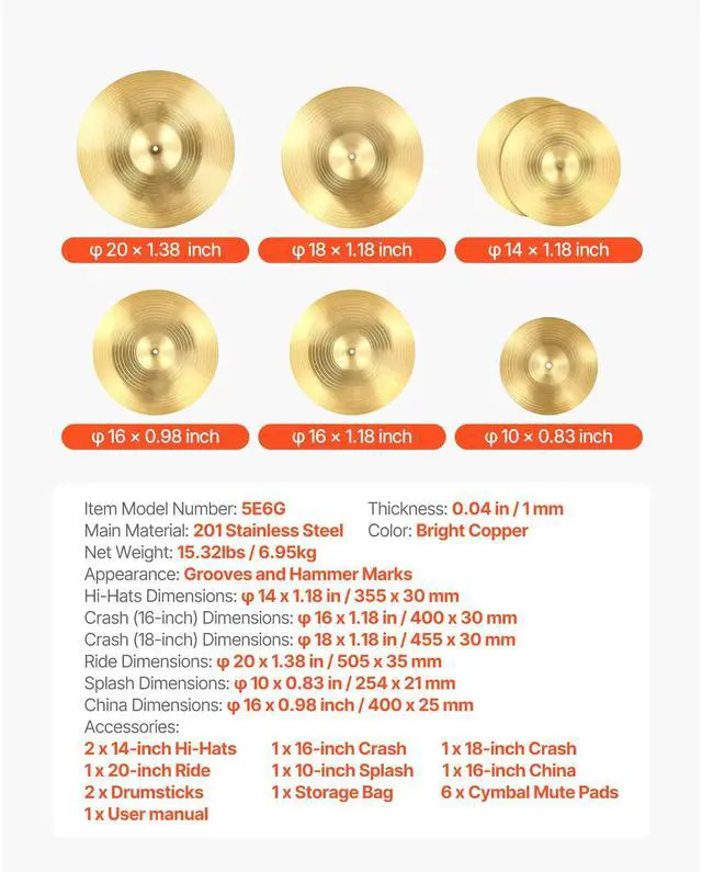 Alt view image 8 of 8 - VEVOR Cymbal Pack, 6 Pieces Cymbals for Drum Set, Alloy Cymbals Drum Set Includes 14-inch Hi-Hats, 16-inch Crash, 18-inch Crash, 20-inch Ride, 10-inch Splash, 16-inch China, Drumsticks & Cymbal Bag