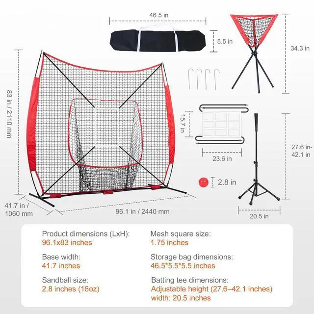Alt view image 9 of 9 - VEVOR 7x7 ft Baseball Softball Practice Net, Portable Baseball Training Net for Hitting Catching Pitching, Backstop Baseball Equipment with Bow Frame, Carry Bag, Strike Zone, Ball, Tee, Ball Collector