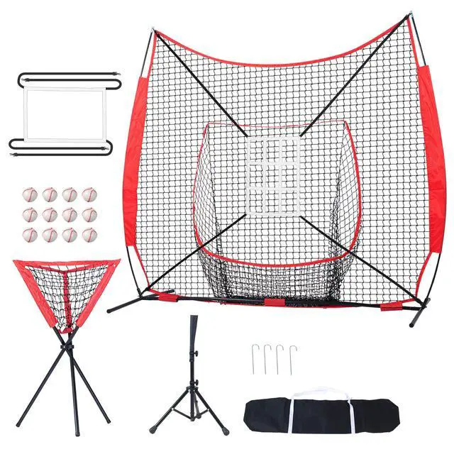Alt view image 8 of 14 - VEVOR 7x7 ft Baseball Softball Practice Net, Portable Baseball Training Net for Hitting Catching Pitching, Backstop Equipment with Bow Frame, Carry Bag, Strike Zone, 12 Balls, Tee, and Ball Collector