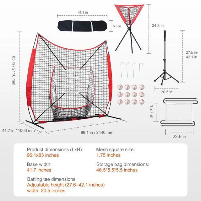 Alt view image 14 of 14 - VEVOR 7x7 ft Baseball Softball Practice Net, Portable Baseball Training Net for Hitting Catching Pitching, Backstop Equipment with Bow Frame, Carry Bag, Strike Zone, 12 Balls, Tee, and Ball Collector