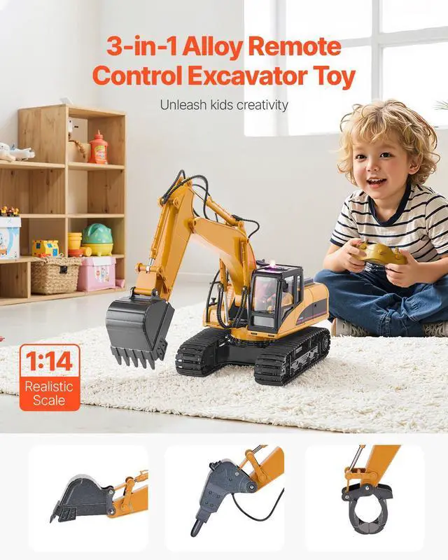Alt view image 9 of 14 - VEVOR Remote Control Excavator Toy 15 Channel 1:14 Scale RC Excavator Digger for Kids