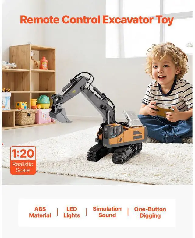 Alt view image 9 of 14 - VEVOR Remote Control Excavator Toy 11 Channel 1:20 Scale RC Excavator Digger for Kids