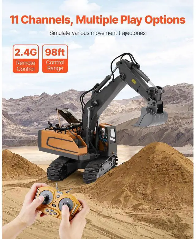 Alt view image 11 of 14 - VEVOR Remote Control Excavator Toy 11 Channel 1:20 Scale RC Excavator Digger for Kids