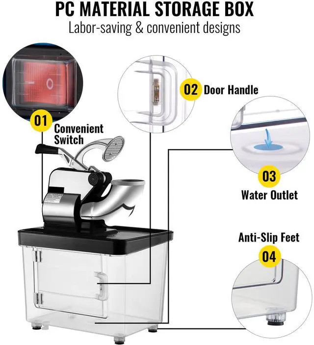 Alt view image 5 of 7 - 110V Commercial Ice Crusher 440LBS/H, ETL Approved 300W Electric Snow Cone Machine with Dual Blades, Stainless Steel Shaved Ice Machine with Safety On/Off Switch for Family, Restaurants, Bars