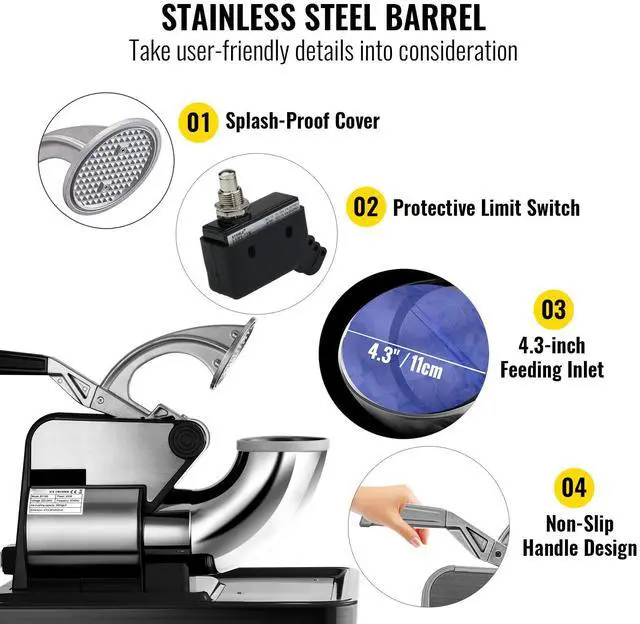 Alt view image 4 of 7 - 110V Commercial Ice Crusher 440LBS/H, ETL Approved 300W Electric Snow Cone Machine with Dual Blades, Stainless Steel Shaved Ice Machine with Safety On/Off Switch for Family, Restaurants, Bars