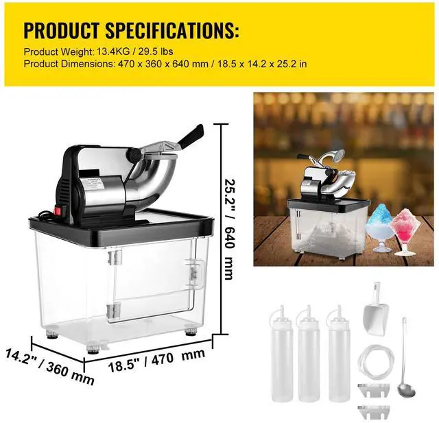 Alt view image 7 of 7 - 110V Commercial Ice Crusher 440LBS/H, ETL Approved 300W Electric Snow Cone Machine with Dual Blades, Stainless Steel Shaved Ice Machine with Safety On/Off Switch for Family, Restaurants, Bars