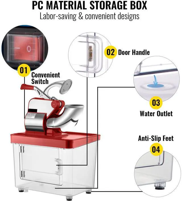 Alt view image 5 of 7 - 110V Commercial Ice Crusher 440LBS/H, ETL Approved 300W Electric Snow Cone Machine with Dual Blades, Stainless Steel Shaved Ice Machine with Safety On/Off Switch for Family, Restaurants, Bars