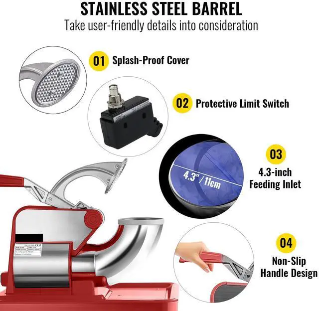 Alt view image 4 of 7 - 110V Commercial Ice Crusher 440LBS/H, ETL Approved 300W Electric Snow Cone Machine with Dual Blades, Stainless Steel Shaved Ice Machine with Safety On/Off Switch for Family, Restaurants, Bars