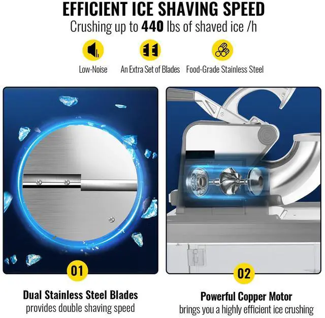 Alt view image 3 of 7 - 110V Commercial Ice Crusher 440LBS/H, ETL Approved 300W Electric Snow Cone Machine with Dual Blades, Stainless Steel Shaved Ice Machine with Safety On/Off Switch for Family, Restaurants, Bars