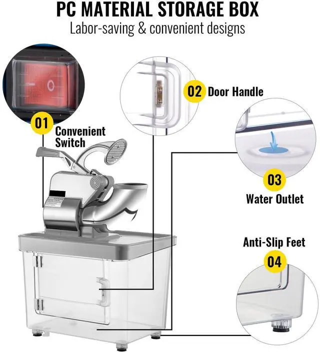 Alt view image 5 of 7 - 110V Commercial Ice Crusher 440LBS/H, ETL Approved 300W Electric Snow Cone Machine with Dual Blades, Stainless Steel Shaved Ice Machine with Safety On/Off Switch for Family, Restaurants, Bars