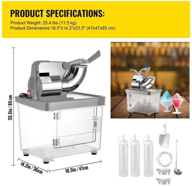 Alt view image 7 of 7 - 110V Commercial Ice Crusher 440LBS/H, ETL Approved 300W Electric Snow Cone Machine with Dual Blades, Stainless Steel Shaved Ice Machine with Safety On/Off Switch for Family, Restaurants, Bars