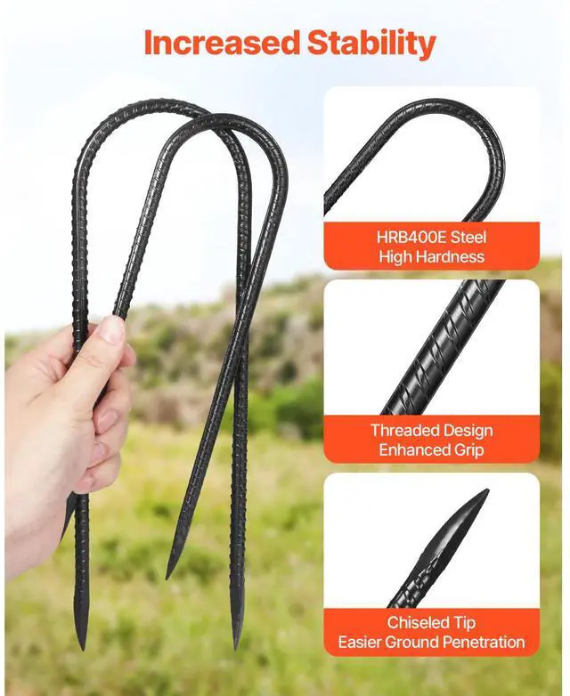 Alt view image 4 of 8 - 10-Inch 12 Pack Rebar Stakes Heavy Duty U Shape Galvanized Steel Ground Anchors