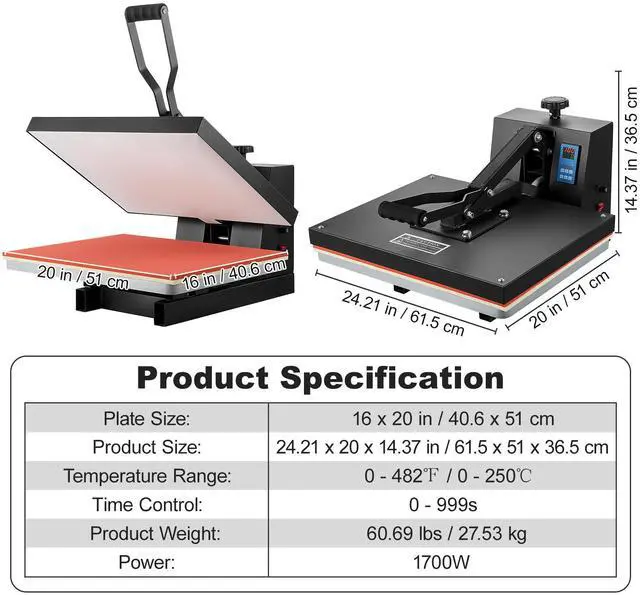 Alt view image 15 of 15 - VEVOR Heat Press 16x20, 1700W Power Heat Press Machine, Fast Heating, High Pressure Heat Press Machine for T-Shirt, Digital Industrial Sublimation Printer for Heat Transfer Vinyl, Easy to Use, Black