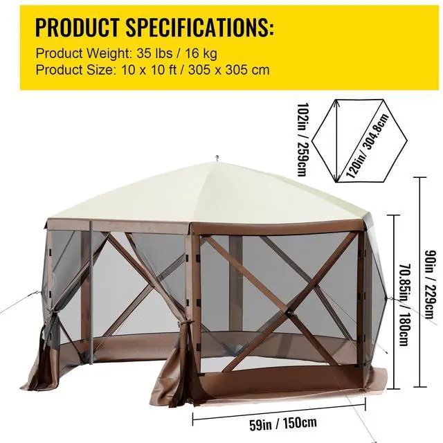 Alt view image 16 of 16 - VEVOR Camping Gazebo Tent, 10'x10', 6 Sided Pop-up Canopy Screen Tent for 8 Person Camping, Waterproof Screen Shelter w/Portable Storage Bag, Ground Stakes, Mesh Windows, Brown & Beige