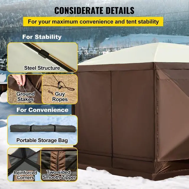 Alt view image 15 of 16 - VEVOR Camping Gazebo Tent, 10'x10', 6 Sided Pop-up Canopy Screen Tent for 8 Person Camping, Waterproof Screen Shelter w/Portable Storage Bag, Ground Stakes, Mesh Windows, Brown & Beige