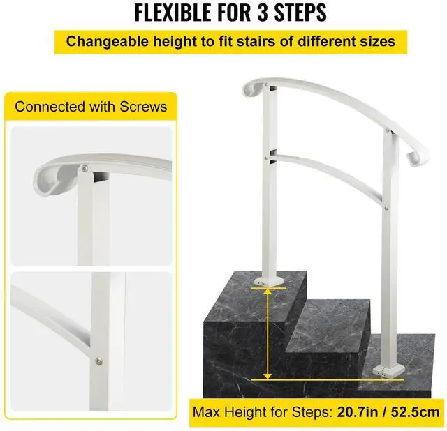 Alt view image 3 of 7 - 3-Step Handrails for Outdoor Steps Fits 1 or 3 Steps Matte White Stair Rail Wrought Iron Handrail with Installation Kit Hand Rails for Outdoor Step