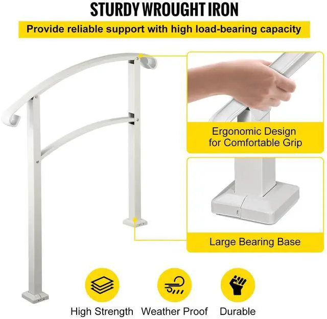 Alt view image 4 of 7 - 3-Step Handrails for Outdoor Steps Fits 1 or 3 Steps Matte White Stair Rail Wrought Iron Handrail with Installation Kit Hand Rails for Outdoor Step