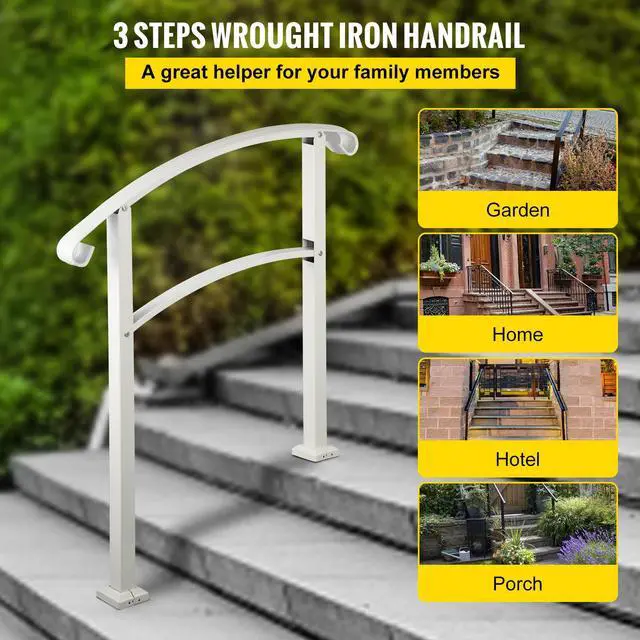 Alt view image 2 of 7 - 3-Step Handrails for Outdoor Steps Fits 1 or 3 Steps Matte White Stair Rail Wrought Iron Handrail with Installation Kit Hand Rails for Outdoor Step