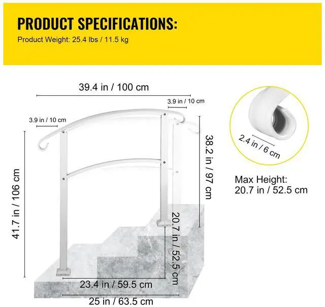 Alt view image 7 of 7 - 3-Step Handrails for Outdoor Steps Fits 1 or 3 Steps Matte White Stair Rail Wrought Iron Handrail with Installation Kit Hand Rails for Outdoor Step
