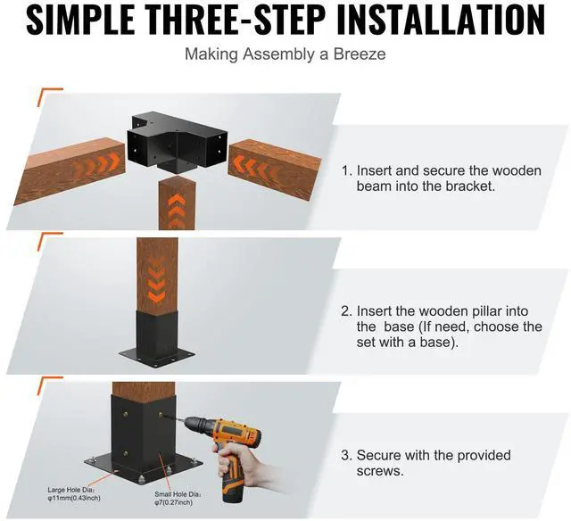 Alt view image 13 of 14 - VEVOR Pergola Bracket Kit 4''x4'', 2pcs 4-Way Heavy Duty Corner Bracket Woodworks DIY Post Base Kit, Easy Installation Wooden Beams for Gazebos, Patio Pergolas, Log Cabin Outdoor Pergola Hardware