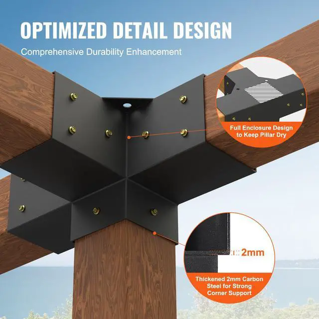Alt view image 10 of 14 - VEVOR Pergola Bracket Kit 4''x4'', 2pcs 4-Way Heavy Duty Corner Bracket Woodworks DIY Post Base Kit, Easy Installation Wooden Beams for Gazebos, Patio Pergolas, Log Cabin Outdoor Pergola Hardware