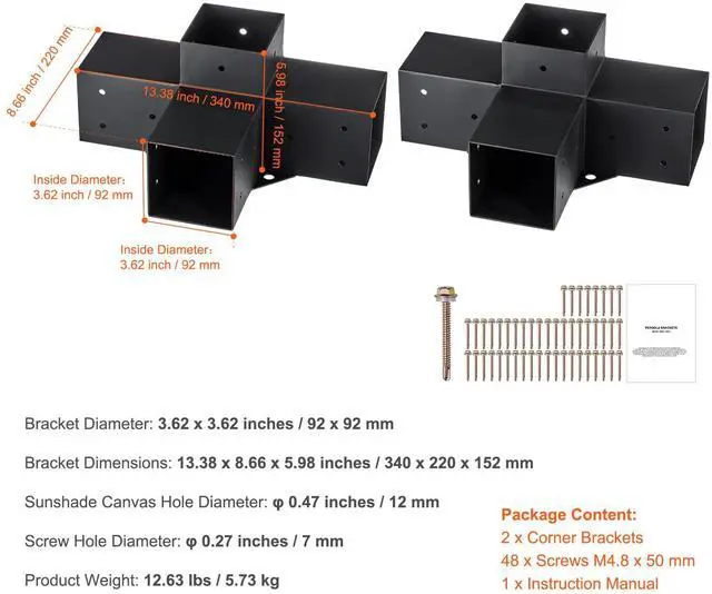 Alt view image 14 of 14 - VEVOR Pergola Bracket Kit 4''x4'', 2pcs 4-Way Heavy Duty Corner Bracket Woodworks DIY Post Base Kit, Easy Installation Wooden Beams for Gazebos, Patio Pergolas, Log Cabin Outdoor Pergola Hardware