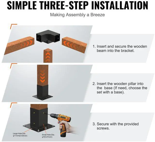 Alt view image 13 of 14 - VEVOR Pergola Bracket Kit 4''x4'', 4pcs 3-Way Heavy Duty Corner Bracket Woodworks DIY Post Base Kit, Easy Installation Wooden Beams for Gazebos, Patio Pergolas, Log Cabin Outdoor Pergola Hardware