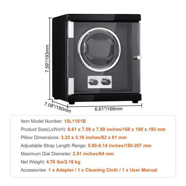 Alt view image 14 of 14 - VEVOR Watch Winder, Single Watch Winder for Men's and Women's Automatic Watch, with Super Quiet Japanese Mabuchi Motor, Blue LED Light and Adapter, High-Density Board Shell and Black PU