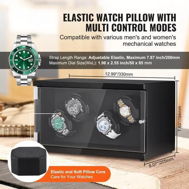 Alt view image 9 of 14 - VEVOR Watch Winder, Watch Winder for 4 Men's and Women's Automatic Watches, with 2 Super Quiet Japanese Mabuchi Motors, Blue LED Light and Adapter, High-Density Board Shell and Black PU