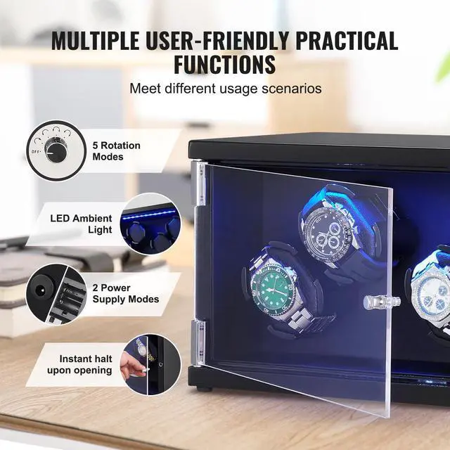 Alt view image 12 of 14 - VEVOR Watch Winder, Watch Winder for 4 Men's and Women's Automatic Watches, with 2 Super Quiet Japanese Mabuchi Motors, Blue LED Light and Adapter, High-Density Board Shell and Black PU