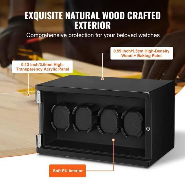 Alt view image 13 of 14 - VEVOR Watch Winder, Watch Winder for 4 Men's and Women's Automatic Watches, with 2 Super Quiet Japanese Mabuchi Motors, Blue LED Light and Adapter, High-Density Board Shell and Black PU