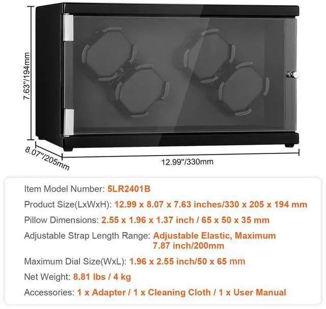 Alt view image 14 of 14 - VEVOR Watch Winder, Watch Winder for 4 Men's and Women's Automatic Watches, with 2 Super Quiet Japanese Mabuchi Motors, Blue LED Light and Adapter, High-Density Board Shell and Black PU