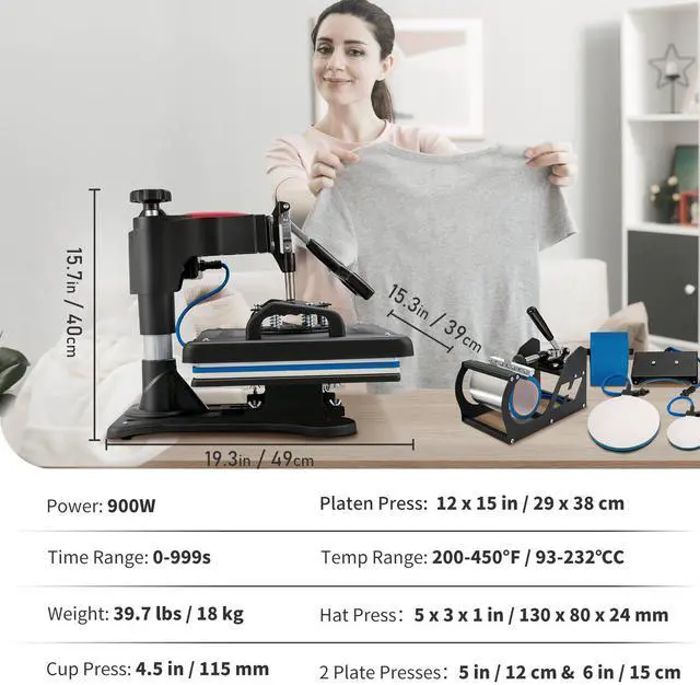 Alt view image 15 of 15 - VEVOR Heat Press, 5 in 1 Heat Press Machine Machine 12x15, Clamshell Sublimation Transfer Printer Fast Heat-up, Digital Precise Temperature Control, Vinyl Heat Press for T-Shirt Plate Mug Cup, 900W