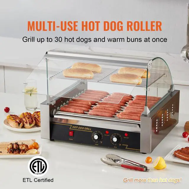 Alt view image 10 of 15 - VEVOR Hot Dog Roller, 11 Rollers 30 Hot Dogs Capacity, 1650W Stainless Sausage Grill Cooker Machine with Dual Temp Control Glass Hood Acrylic Cover Bun Warmer Shelf Removable Drip Tray, ETL Certified