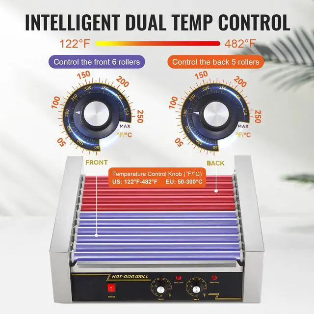 Alt view image 11 of 15 - VEVOR Hot Dog Roller, 11 Rollers 30 Hot Dogs Capacity, 1650W Stainless Sausage Grill Cooker Machine with Dual Temp Control Glass Hood Acrylic Cover Bun Warmer Shelf Removable Drip Tray, ETL Certified