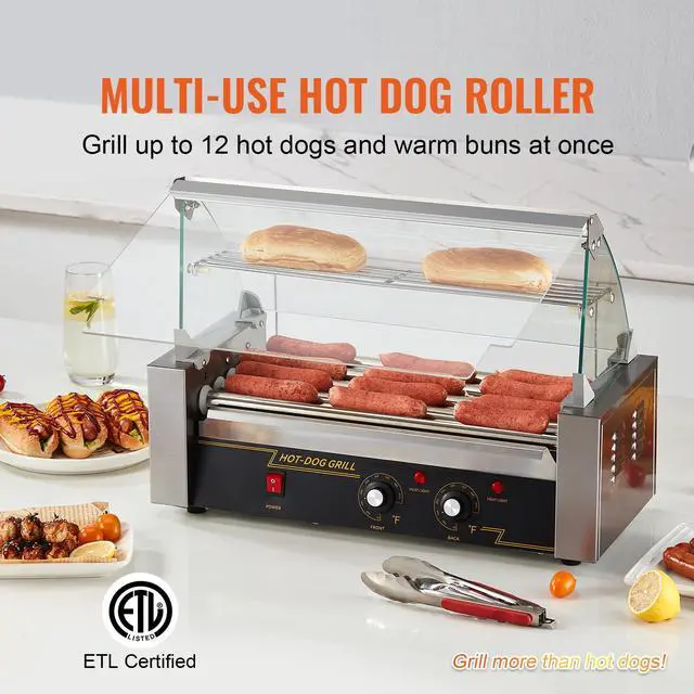 Alt view image 11 of 16 - VEVOR Hot Dog Roller 5 Rollers 12 Hot Dogs Capacity, 750W Stainless Sausage Grill Cooker Machine with Dual Temp Control Glass Hood Acrylic Cover Bun Warmer Shelf Removable Oil Drip Tray ETL Certified