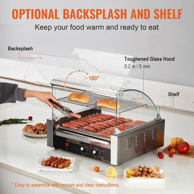 Alt view image 12 of 15 - VEVOR Hot Dog Roller, 11 Rollers 30 Hot Dogs Capacity, 1650W Stainless Sausage Grill Cooker Machine with Dual Temp Control Glass Hood Acrylic Cover Bun Warmer Shelf Removable Drip Tray, ETL Certified