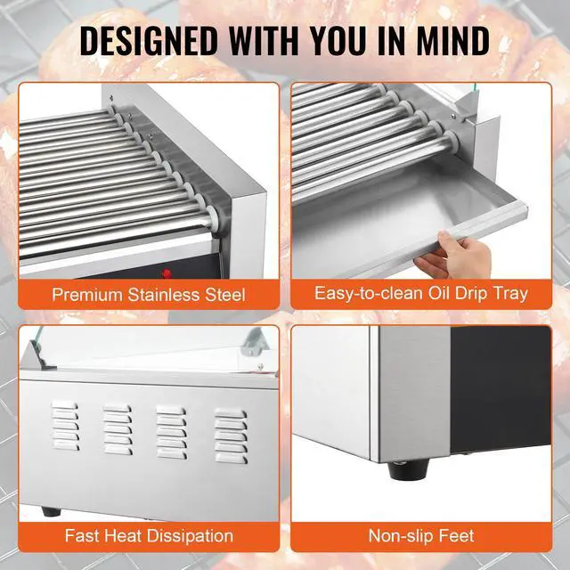 Alt view image 14 of 15 - VEVOR Hot Dog Roller, 11 Rollers 30 Hot Dogs Capacity, 1650W Stainless Sausage Grill Cooker Machine with Dual Temp Control Glass Hood Acrylic Cover Bun Warmer Shelf Removable Drip Tray, ETL Certified