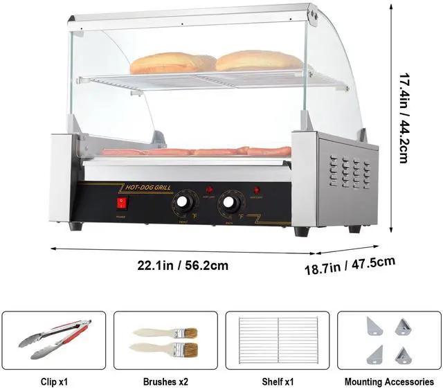 Alt view image 15 of 15 - VEVOR Hot Dog Roller, 11 Rollers 30 Hot Dogs Capacity, 1650W Stainless Sausage Grill Cooker Machine with Dual Temp Control Glass Hood Acrylic Cover Bun Warmer Shelf Removable Drip Tray, ETL Certified