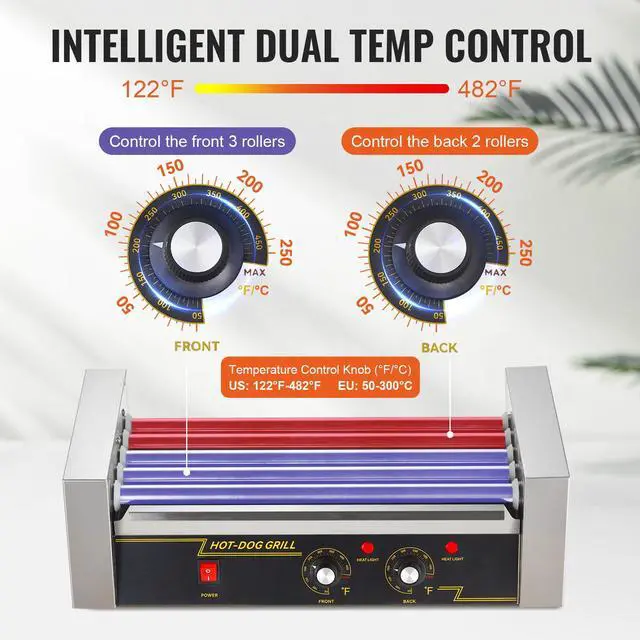 Alt view image 12 of 16 - VEVOR Hot Dog Roller 5 Rollers 12 Hot Dogs Capacity, 750W Stainless Sausage Grill Cooker Machine with Dual Temp Control Glass Hood Acrylic Cover Bun Warmer Shelf Removable Oil Drip Tray ETL Certified