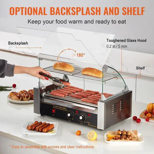 Alt view image 12 of 15 - VEVOR Hot Dog Roller 7 Rollers 18 Hot Dogs Capacity 1050W Stainless Sausage Grill Cooker Machine with Dual Temp Control Glass Hood Acrylic Cover Bun Warmer Shelf Removable Oil Drip Tray, ETL Certified
