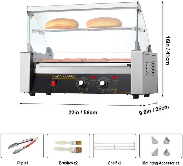 Alt view image 16 of 16 - VEVOR Hot Dog Roller 5 Rollers 12 Hot Dogs Capacity, 750W Stainless Sausage Grill Cooker Machine with Dual Temp Control Glass Hood Acrylic Cover Bun Warmer Shelf Removable Oil Drip Tray ETL Certified
