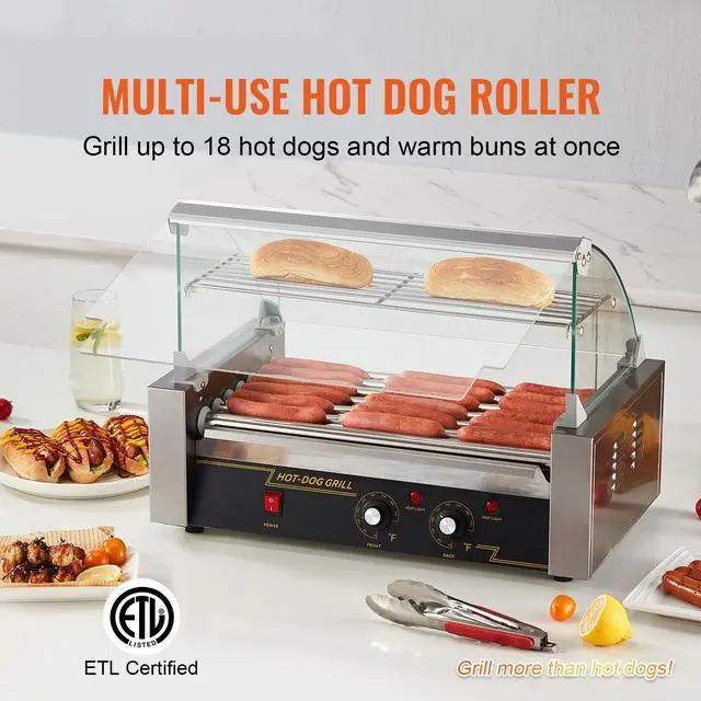 Alt view image 10 of 15 - VEVOR Hot Dog Roller 7 Rollers 18 Hot Dogs Capacity 1050W Stainless Sausage Grill Cooker Machine with Dual Temp Control Glass Hood Acrylic Cover Bun Warmer Shelf Removable Oil Drip Tray, ETL Certified