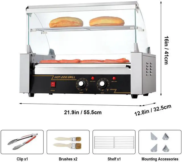 Alt view image 15 of 15 - VEVOR Hot Dog Roller 7 Rollers 18 Hot Dogs Capacity 1050W Stainless Sausage Grill Cooker Machine with Dual Temp Control Glass Hood Acrylic Cover Bun Warmer Shelf Removable Oil Drip Tray, ETL Certified