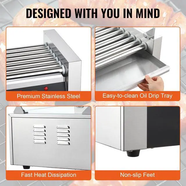 Alt view image 14 of 15 - VEVOR Hot Dog Roller 7 Rollers 18 Hot Dogs Capacity 1050W Stainless Sausage Grill Cooker Machine with Dual Temp Control Glass Hood Acrylic Cover Bun Warmer Shelf Removable Oil Drip Tray, ETL Certified