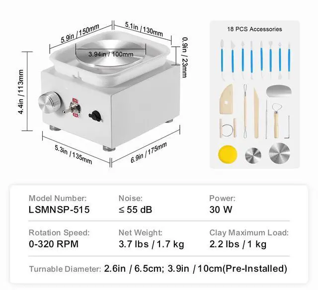 Alt view image 8 of 8 - VEVOR Mini Pottery Wheel Electric Ceramic Wheel Machine 0-320RPM Speed White
