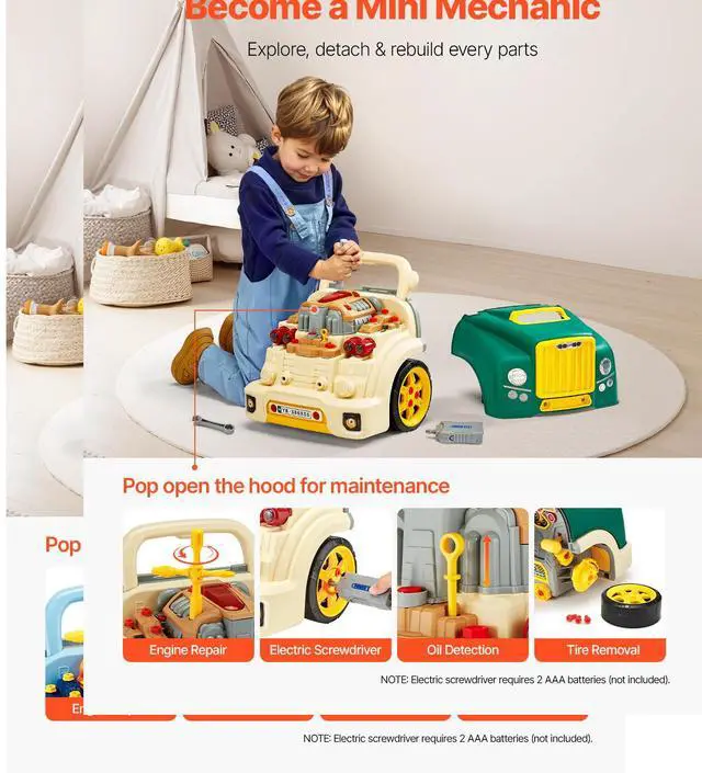 Alt view image 10 of 14 - VEVOR Engine Toy Kids Mechanic Car Repair Set with Removable Parts Green