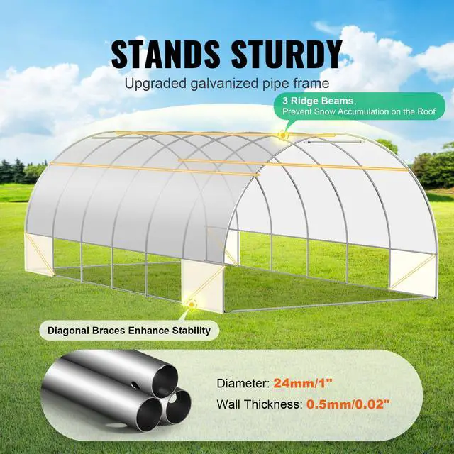 Alt view image 2 of 7 - Walk-in Tunnel Greenhouse, 19.4x9.7x6.5 ft Hoop House Greenhouse Tunnel, Plant Hot House with Galvanized Steel Frame, White PE Cover, Roll-up Zipper Door and 12 Windows for Outdoor