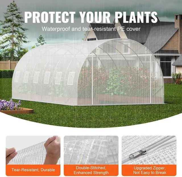 Alt view image 3 of 7 - Walk-in Tunnel Greenhouse, 19.4x9.7x6.5 ft Hoop House Greenhouse Tunnel, Plant Hot House with Galvanized Steel Frame, White PE Cover, Roll-up Zipper Door and 12 Windows for Outdoor