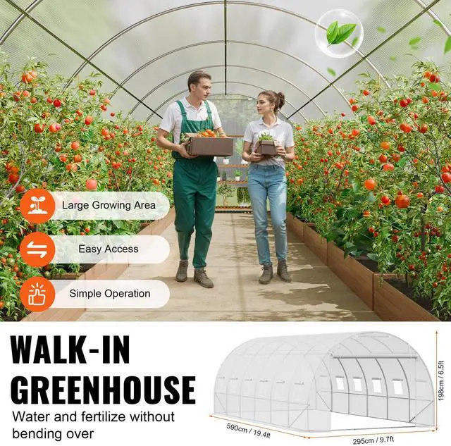 Alt view image 5 of 7 - Walk-in Tunnel Greenhouse, 19.4x9.7x6.5 ft Hoop House Greenhouse Tunnel, Plant Hot House with Galvanized Steel Frame, White PE Cover, Roll-up Zipper Door and 12 Windows for Outdoor